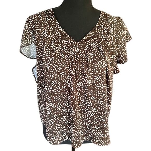 LOFT Petites Brown White Dot Print Sheer Flutter Sleeve Blouse – Size SP - Picture 2 of 6